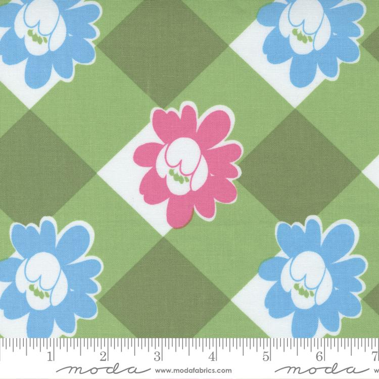 Moda Picnic Pop Large Floral Check Grassy Green Fabric