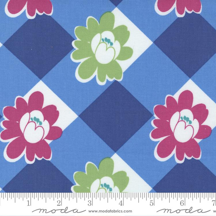 Moda Picnic Pop Large Floral Check Bright Blue Fabric