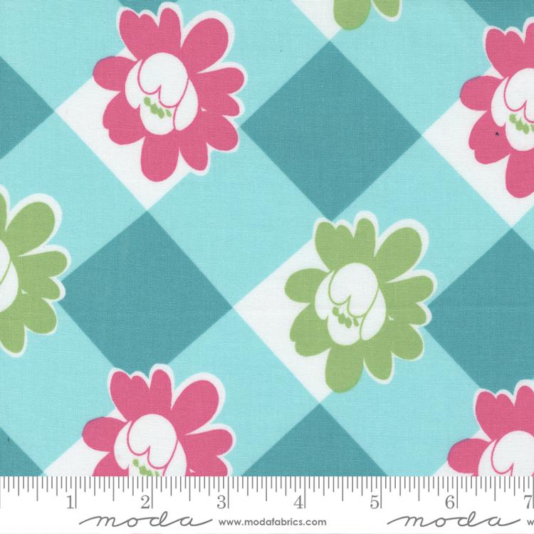 Moda Picnic Pop Large Floral Check Totally Turquoise Fabric