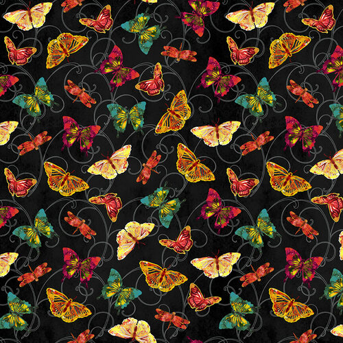Studio E Poppy Days Tossed Butterfly Black Fabric