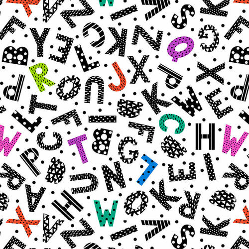 Studio E Fabrics Black And White With A Touch Of Bright Tossed Alphabet White Fabric