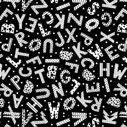 Studio E Fabrics Black And White With A Touch Of Bright Tossed Alphabet Black & White Fabric