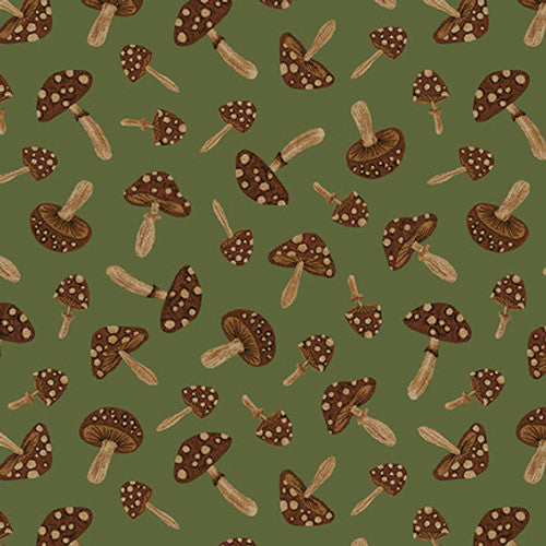 Studio E Fabrics Dark Forest Mushrooms Green Fabric