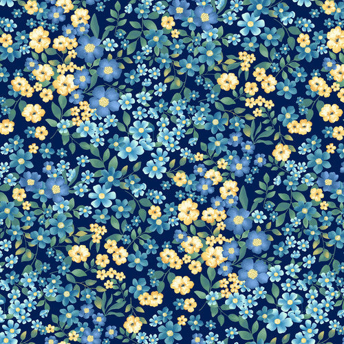 Studio E Bee All You Can Bee Allover Floral Dark Blue Fabric