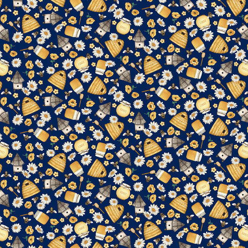 Studio E Bee All You Can Bee Tossed Novelty Dark Blue Fabric