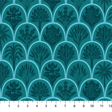 Figo Fabrics Pond Tales Scallop Flowers Teal Fabric