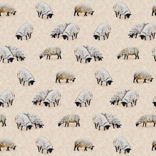 Henry Glass Down On The Farm Sheep Allover Ecru Fabric