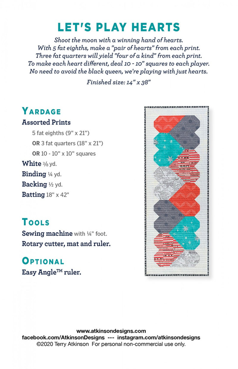 Atkinson Designs Let's Play Hearts Table Runner Pattern