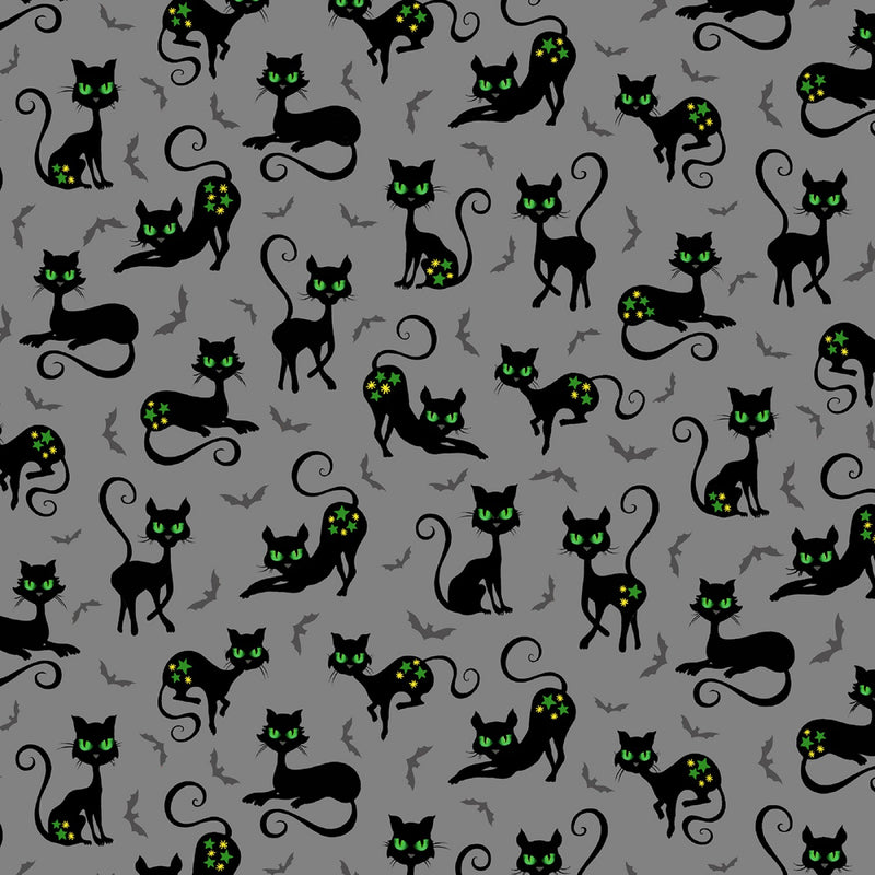 Michael Miller Trick Or Treat Black Cat Crossing Gray Fabric