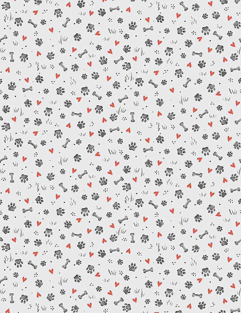 Timeless Treasures Unleashed Dog Paws Hearts And Bones Grey Digital Print Fabric