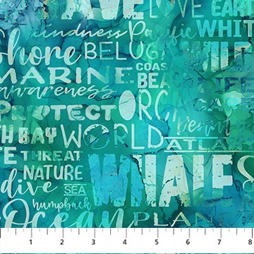 Northcott Whale Song Words Teal Fabric