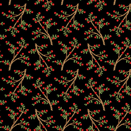 Studio E Snow Place Like Home Tossed Sprigs Black Flannel Fabric
