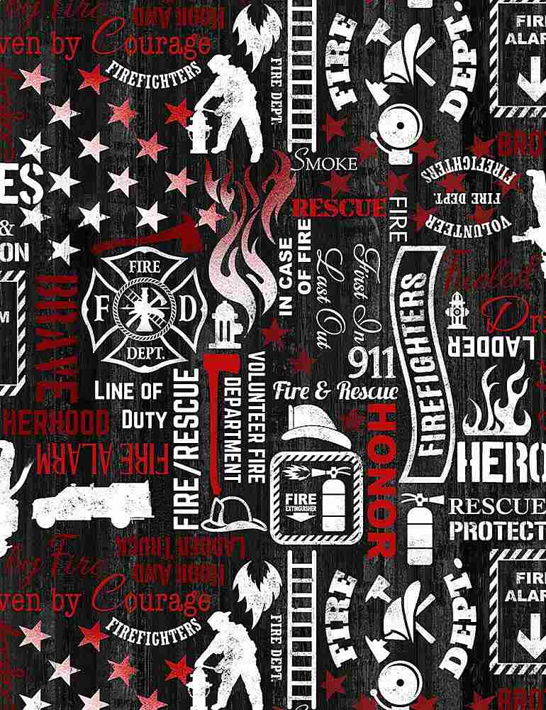 Timeless Treasures Everyday Heros Firefighter Words Black Fabric