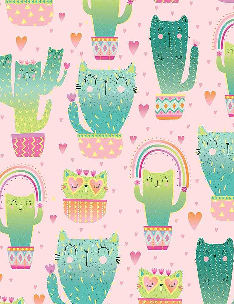 Timeless Treasures Pattern Multi Quirky Cat Cacti Color Pink C8237-PINK
