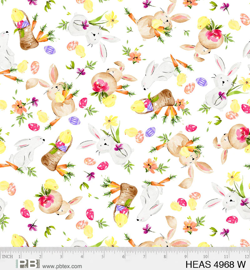 P & B Textiles Hoppy Easter Tossed Bunnies White Fabric