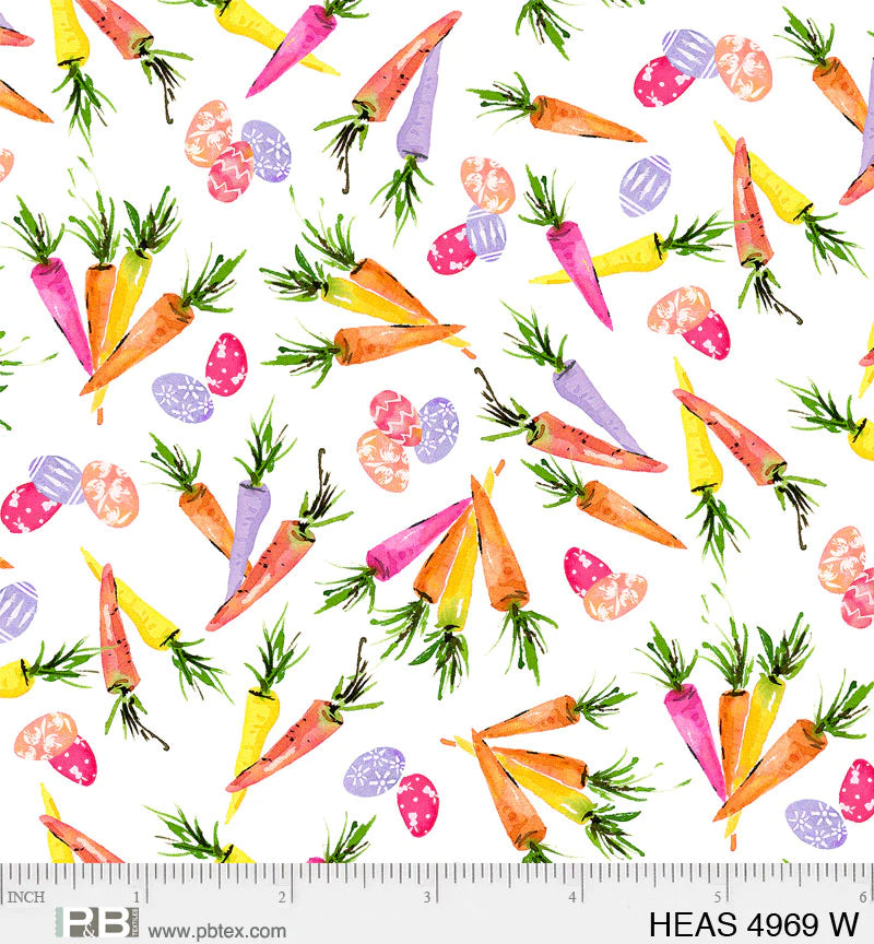 P & B Textiles Hoppy Easter Carrot Toss White Fabric