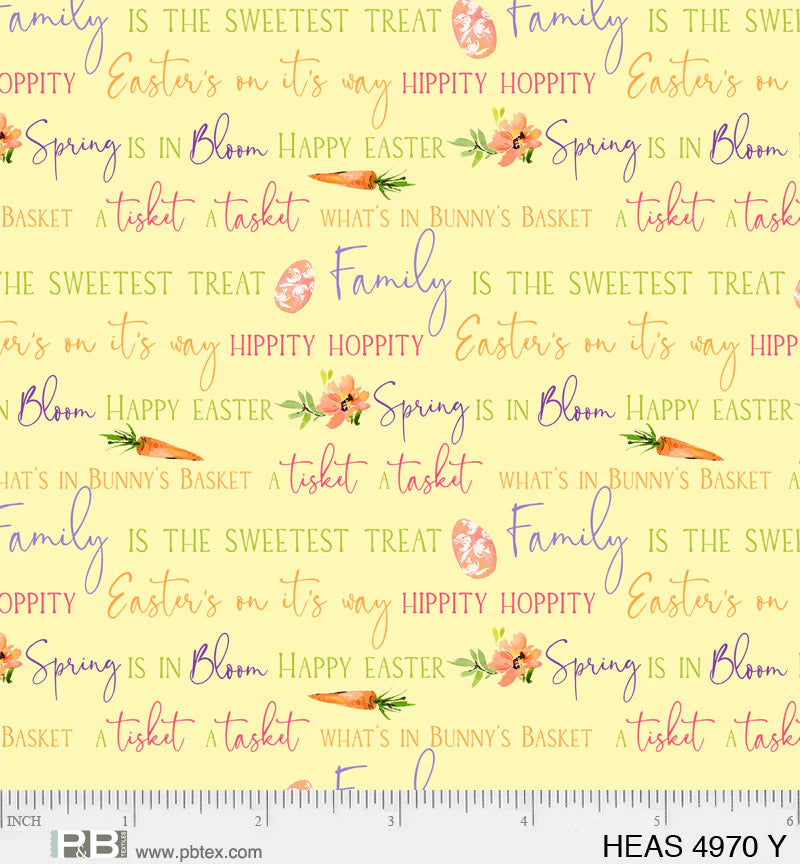 P & B Textiles Hoppy Easter Easter Phrases Yellow Fabric