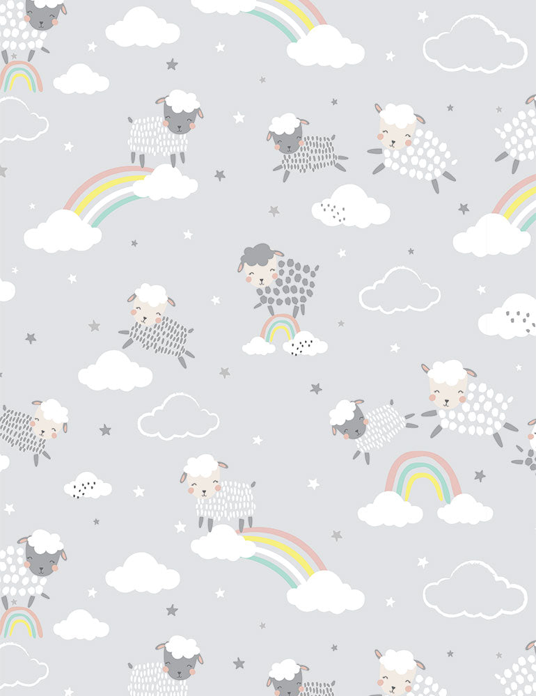 Timeless Treasures Love Ewe More Cute Sheep Jumping Over Rainbows Grey Fabric
