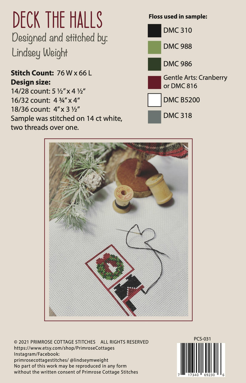 Primrose Cottage Stitches Deck The Halls Cross Stitch Pattern