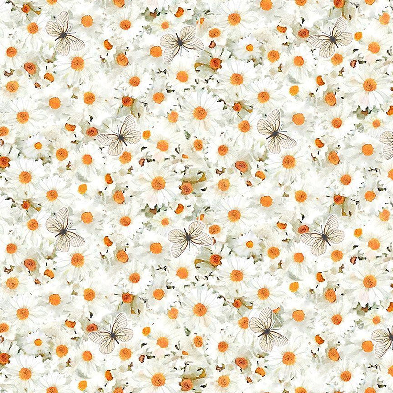 Timeless Treasures Row By Row Summertime White Daisies And Butterflies Fabric