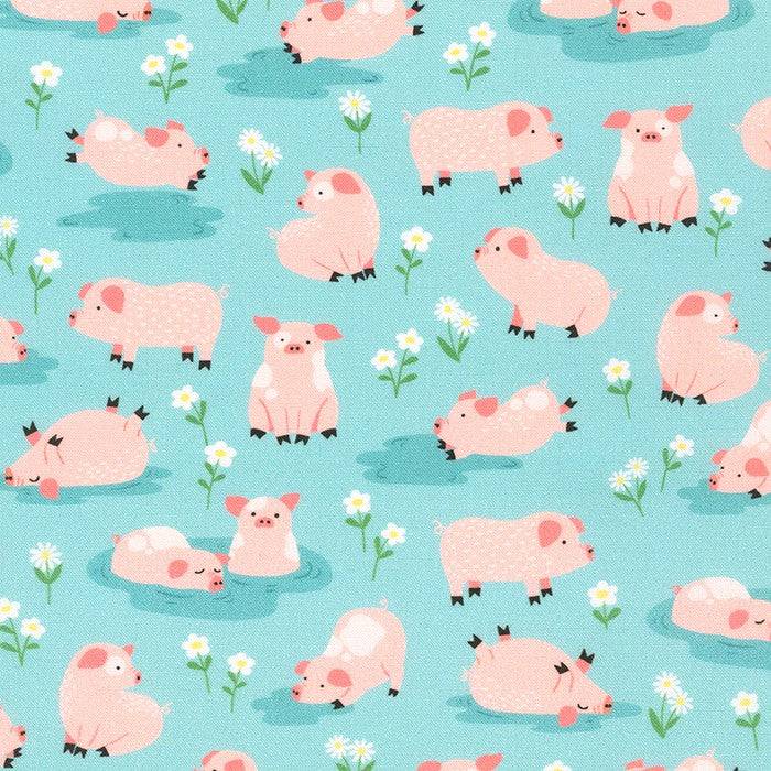 Robert Kaufman Cuddly Countryside Pigs Blue Fabric