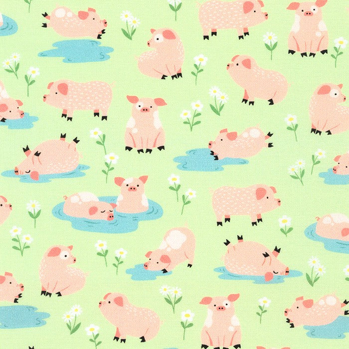 Robert Kaufman Cuddly Countryside Pigs Green Fabric