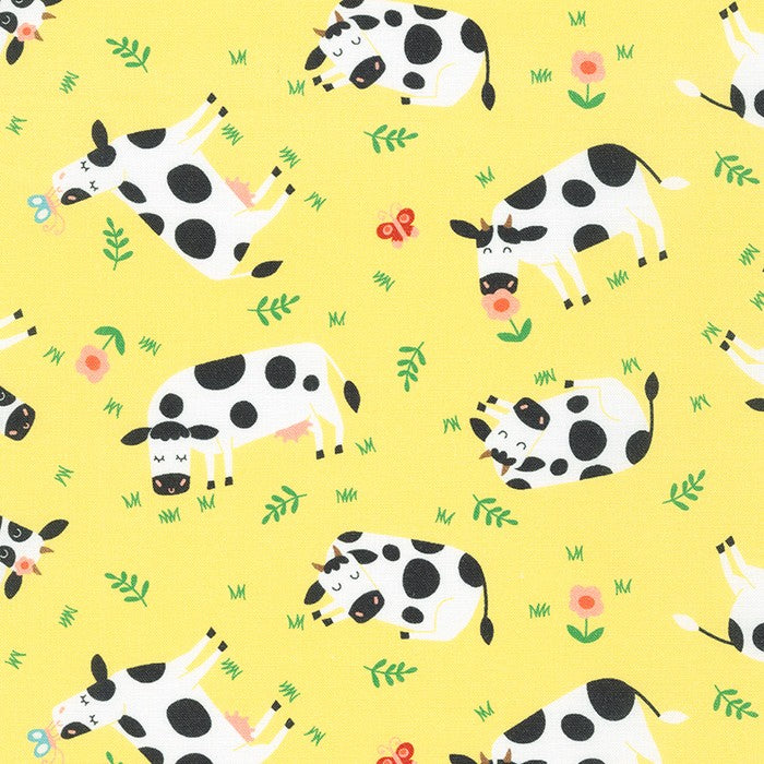 Robert Kaufman Cuddly Countryside Cows Yellow Fabric