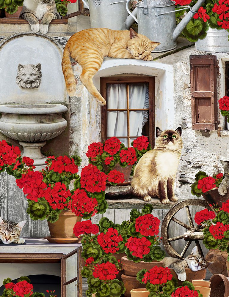 Timeless Treasures Cats and Geraniums C6381