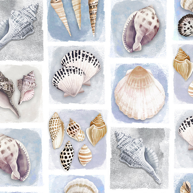 Clothworks Seashell Wishes Digital Sea Tiles Light Denim Fabric