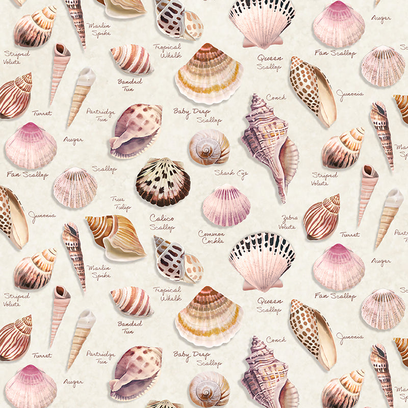 Clothworks Seashell Wishes Digital Shells Light Khaki Fabric