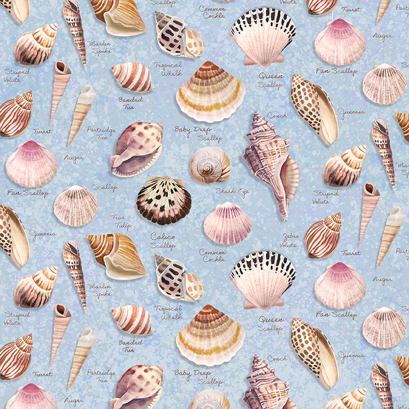 Clothworks Seashell Wishes Digital Shells Light Denim Fabric