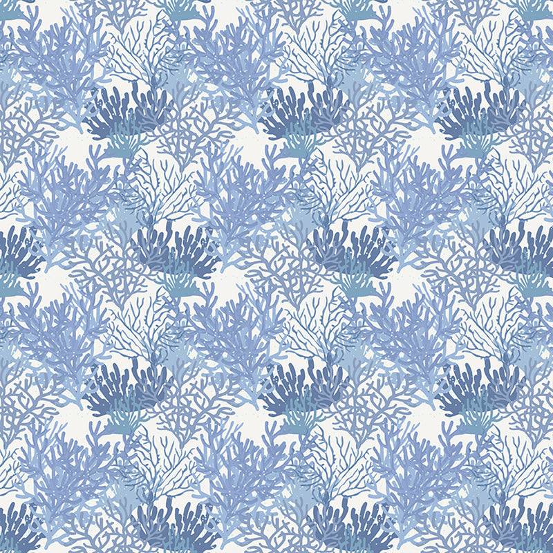 Clothworks Seashell Wishes Coral Forest Denim Fabric