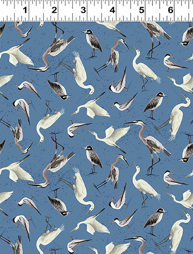 Clothworks Seashell Wishes Seabirds Denim Fabric