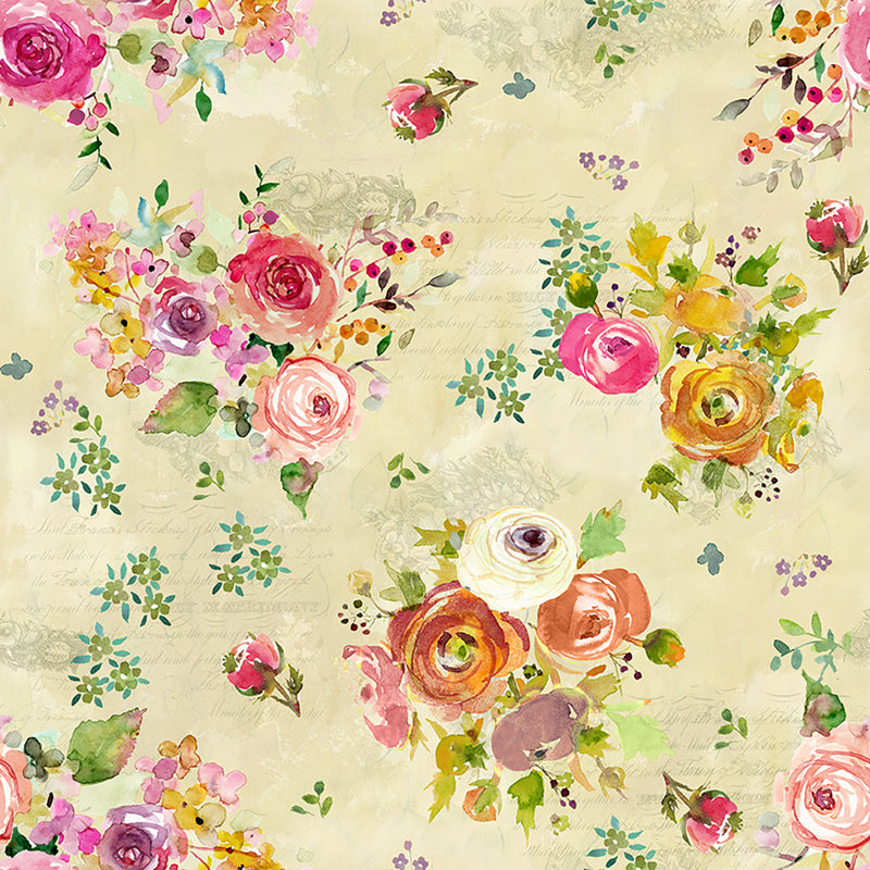 Clothworks Feathered Friends Floral Bouquet Dark Butter Digital Fabric