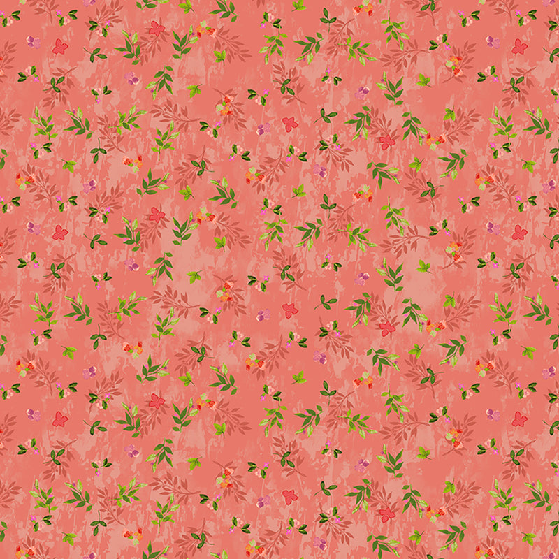 Clothworks Feathered Friends Sprigs Coral Digital Fabric