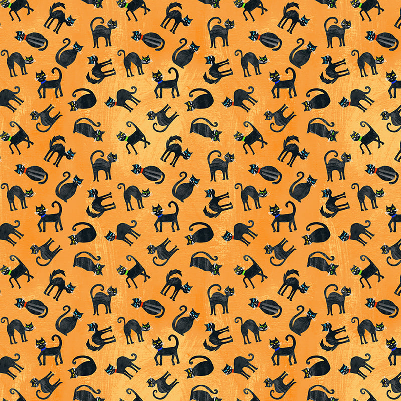 Clothworks Haunted Hollow Scaredy Cats Light Orange Fabric