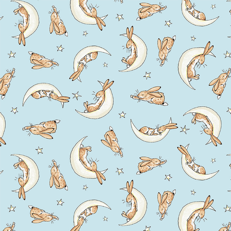 Clothworks Guess How Much I Love Your Sleepy Hares Blue Flannel Fabric