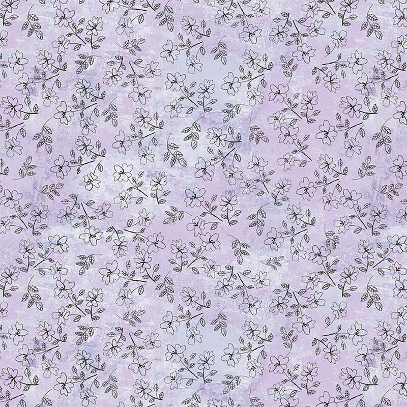 Clothworks Blush Outline Floral Light Purple Digital Print Fabric